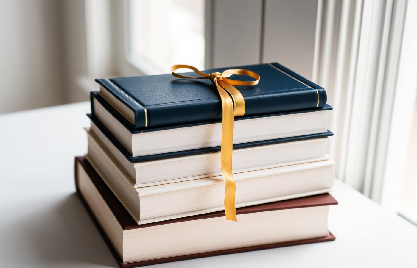 Stack of books with a gold bookmark